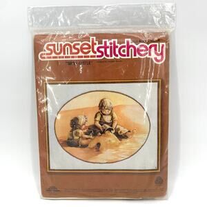 Sunset Stitchery Vintage 1981 Sealed Needlepoint Kit Children Sand Castle Sunset